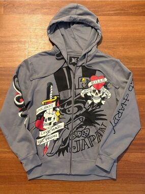 Ed Hardy Gray Hoodie with Tattoo Skull and Dagger Graphics